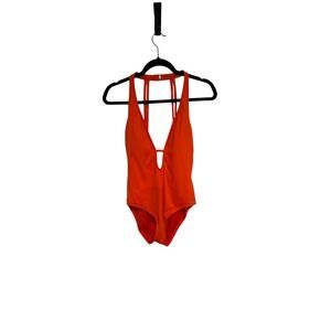 Vince Camuto Neon Orange Plunge One Piece Swimsuit Open Back Strappy Women’s
